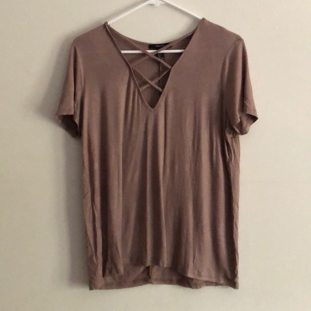 mauve top with cross-cross neckline